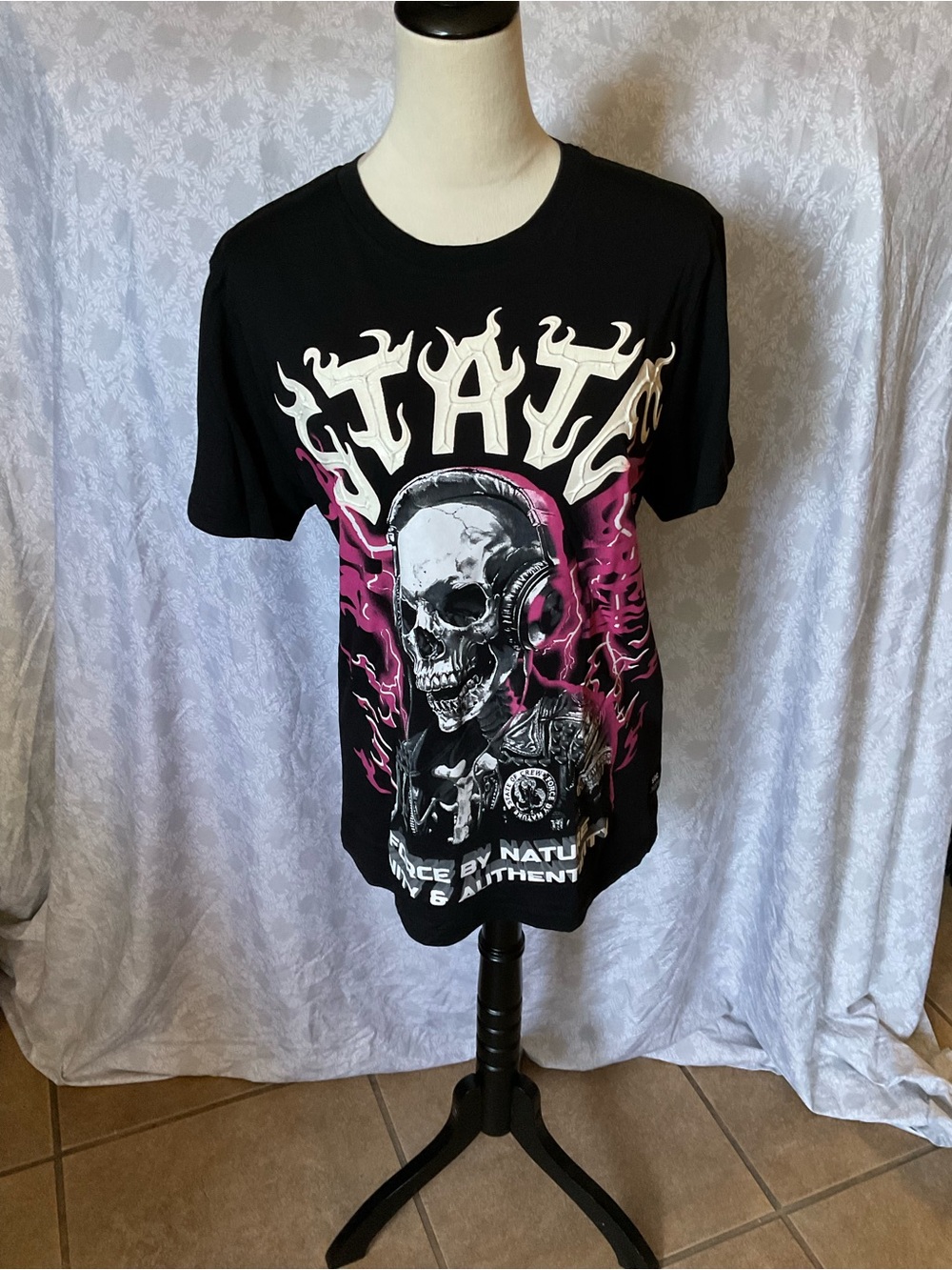 Black Graphic Skull Tee with Pink Flames